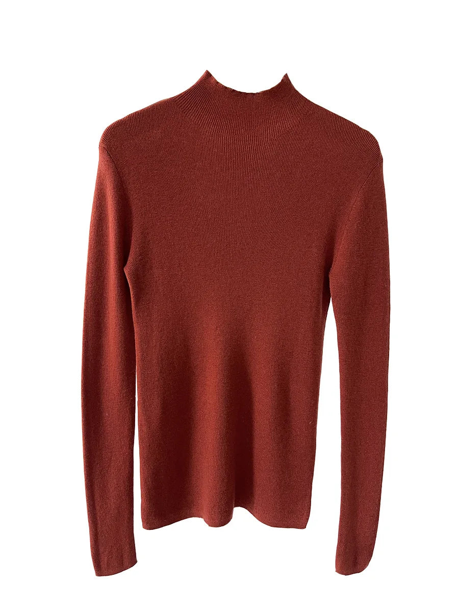 BirdTree, 100% Wool Slim Thin Sweater, Women Long Sleeve Mock Neck, Seamless Bottom High Elastic Top, 2025 Winter Fall T46985QM