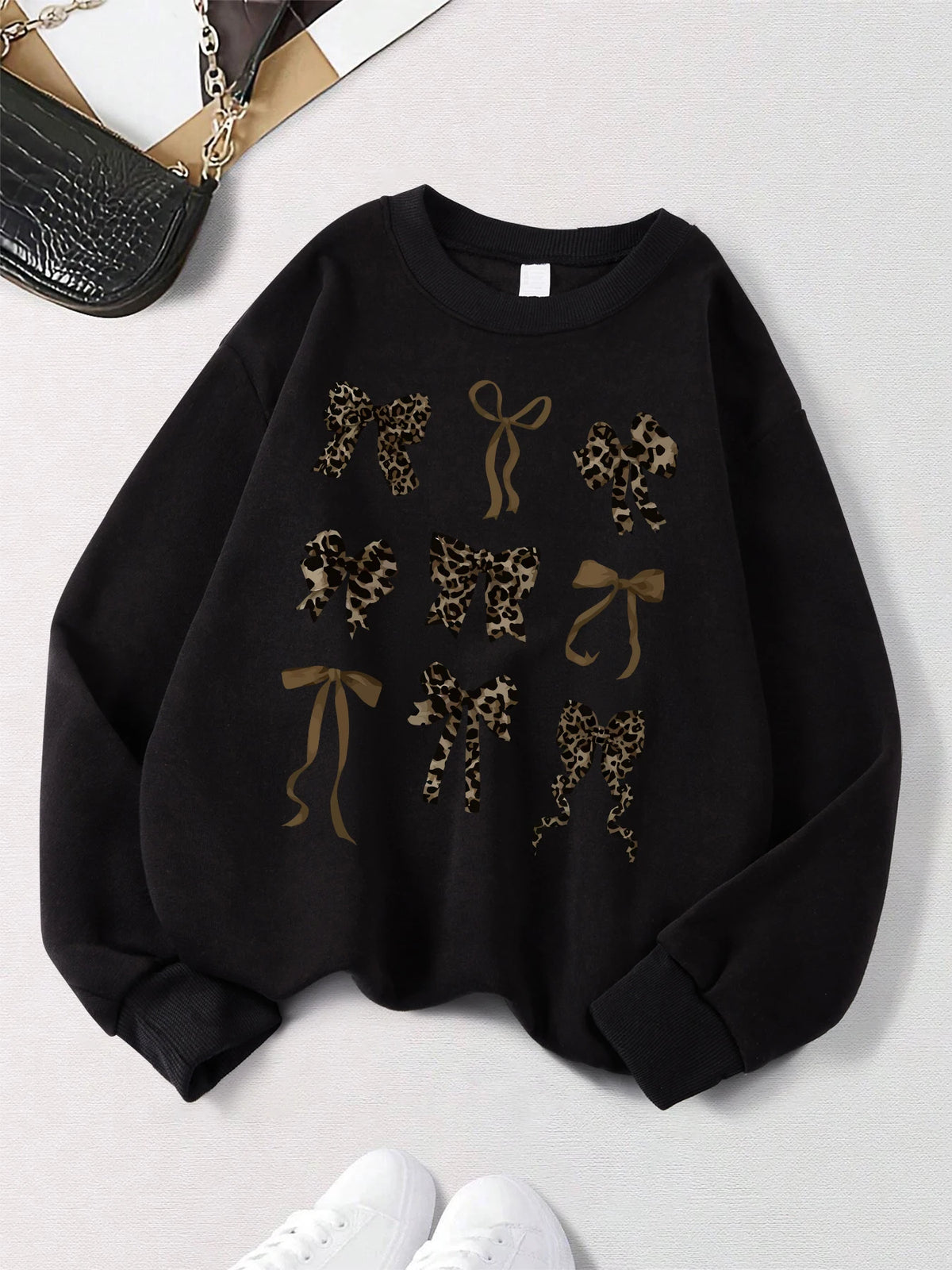 Retro Leopard Print Bow Printed Women Hoodies All-Match Comics Hoody Fleece Casual Clothes Street Hip Hop Pullover Woman