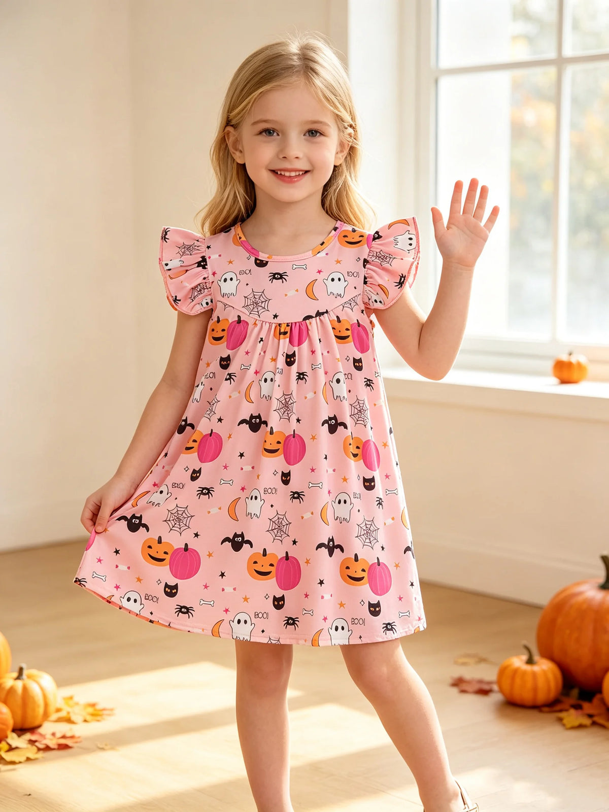 Children's Halloween Cartoon Print Dress Casual Elegant Fashionable round Neck Ruffled mid Length Skirt for Kids