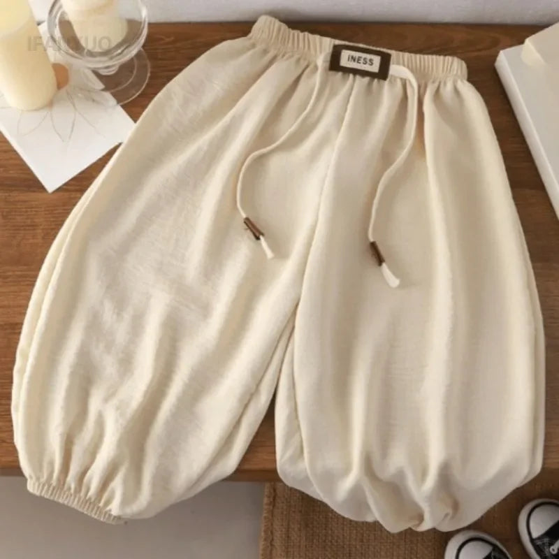Kids' Long Pants Summer Korean Style Loose Fit Unisex Casual Solid Color Mosquito-Proof Cuffed Pants for Boys Girls Baby