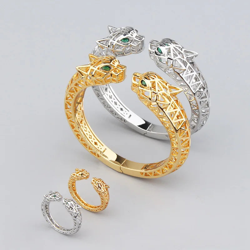 Europe America Style Men Women Lady Plated Gold Color Inlay Cubic Zircon Hollow Out Green Eyes Double Leopard Open Ring Bracelet