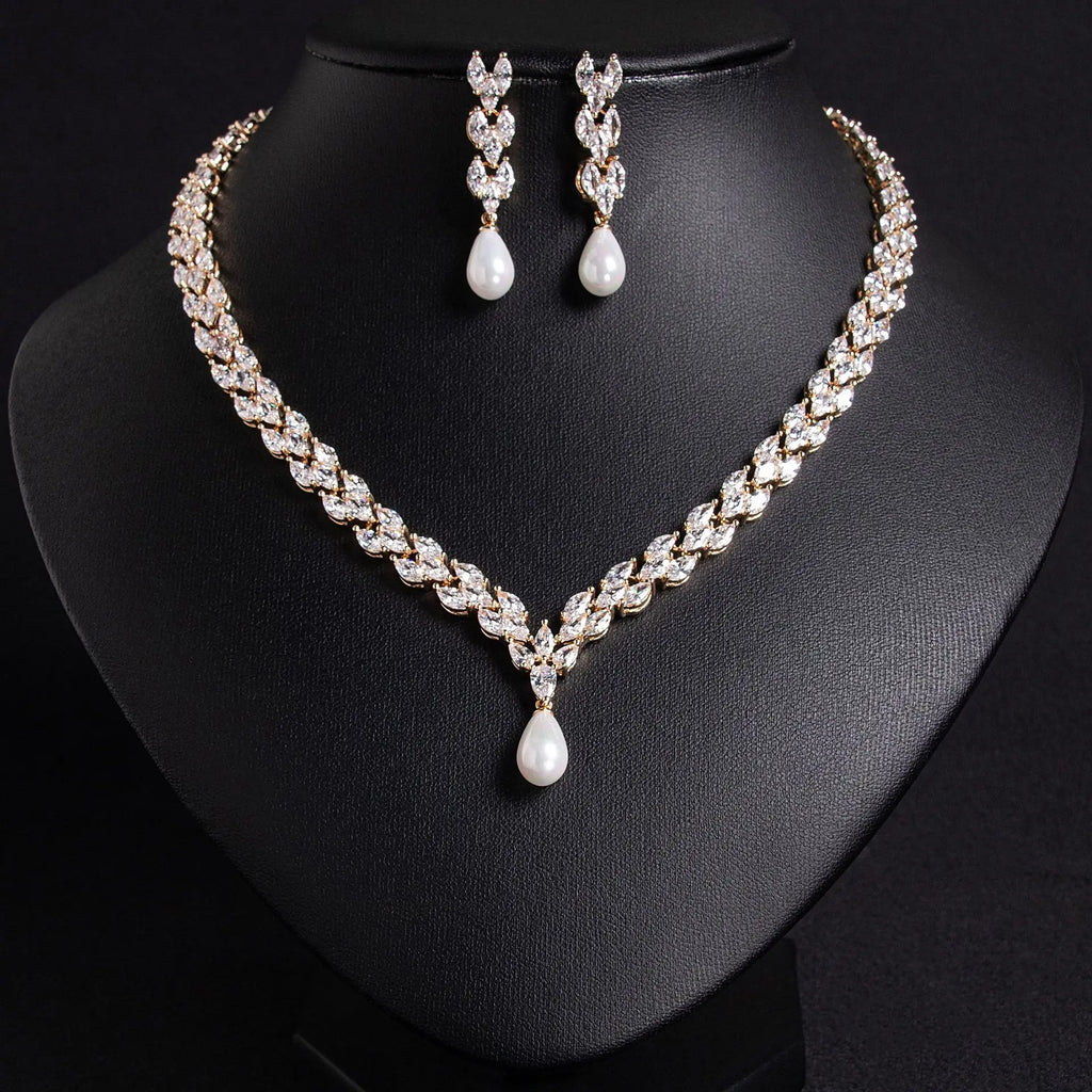 Luxury Bridal Jewelry Set For Women Zirconia Pearl Pendant Necklace Earring Set For Wedding Party Bride Necklace Set Accessories