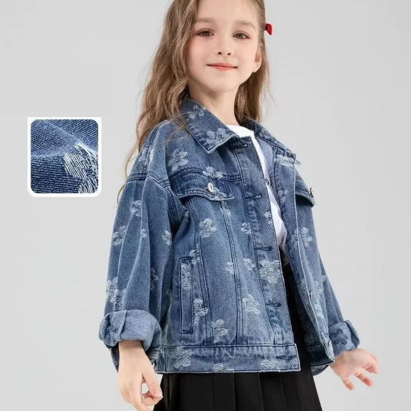 Girls Denim Jackets New Kids Fashion Cartoon Outerwear Children Long Sleeve Casual Clothing 4-14 Years Teenager Trends Coats