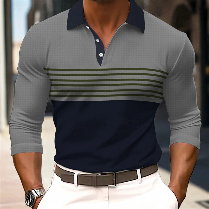 Simple Fashion Striped Polo Shirts For Men Trendy Autumn Long Sleeve Lapel Button Golf Polo Shirt Casual Oversized Tees Tops