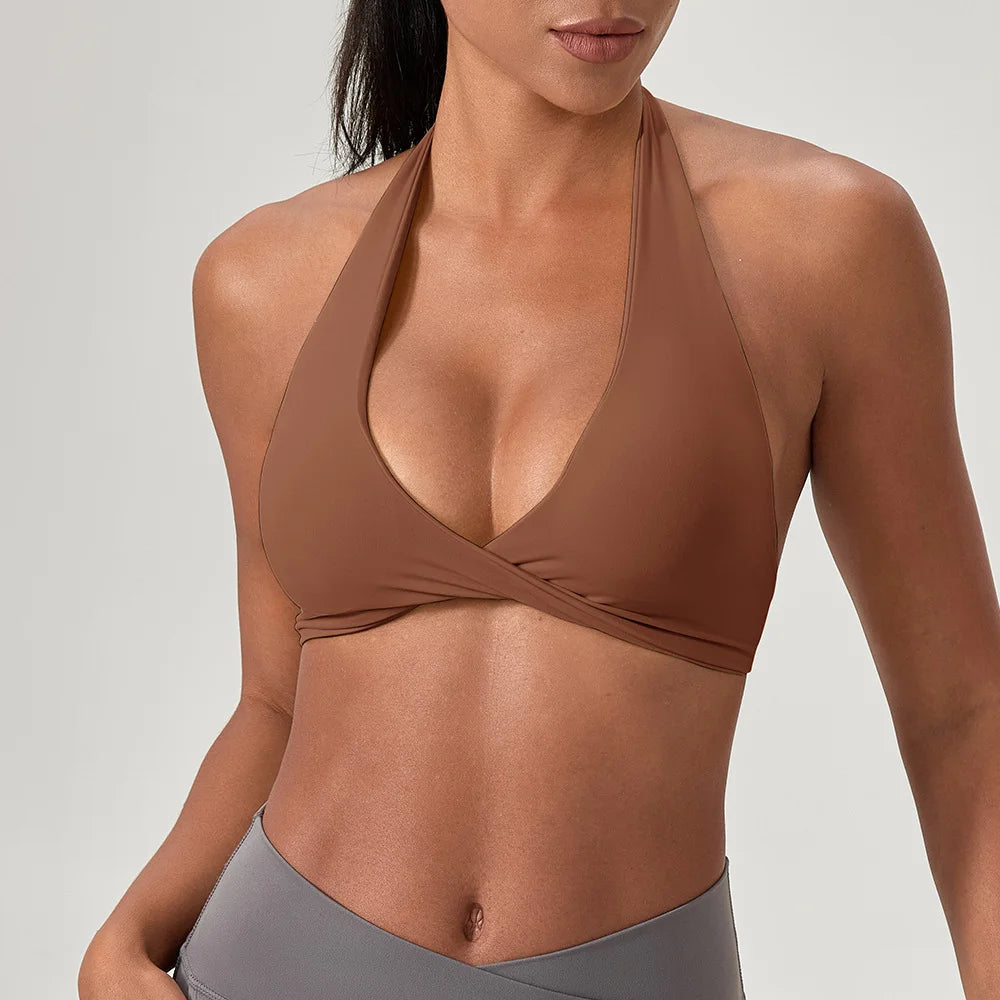 Sports Yoga Bra For Women Underwear Sportswear Halter Neck With Stylish Back Sexy Gym Bra With Cups Running Fitness Backless Top