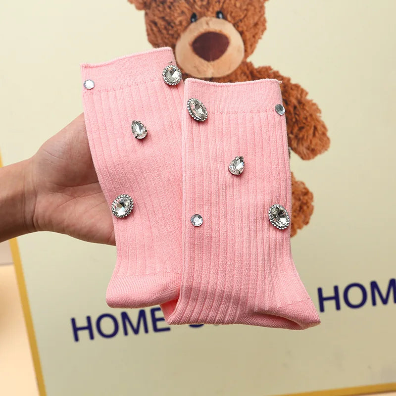 Women's Socks Korean Retro Cool Sweet Rhinestone Simple Versatile Shiny Comfortable High-quality Cotton Socks For Girl Wholesale