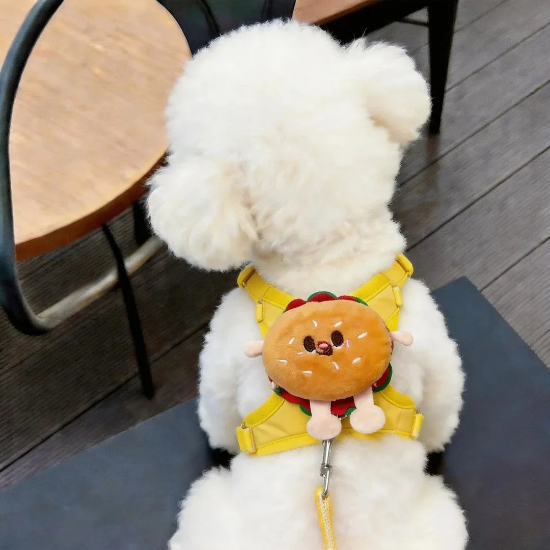 Pet Collars Hamburger Shape Dog Leash Small Dog Cute Chest Back Plush Cartoon Vest Type Dog Walking Leash Puppy Chain Harnesses
