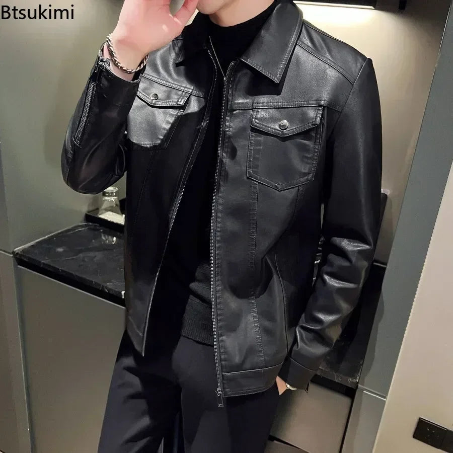 New Men's Leather Jackets Motorcycle Coats High Quality Slim Business PU Leather Tops Fashion Black Plush Warm Clothing for Men