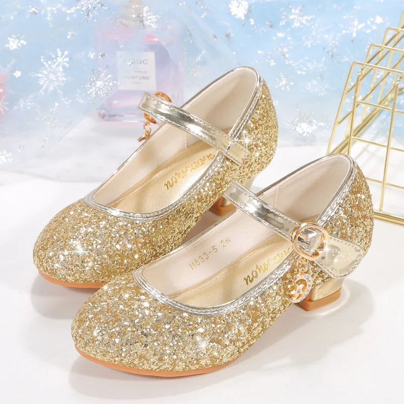 2025 New Children High Heels Red White Pink Sliver Girls Sequin Princess Shoe Four Seasons Students Dance Performance Show Shoes