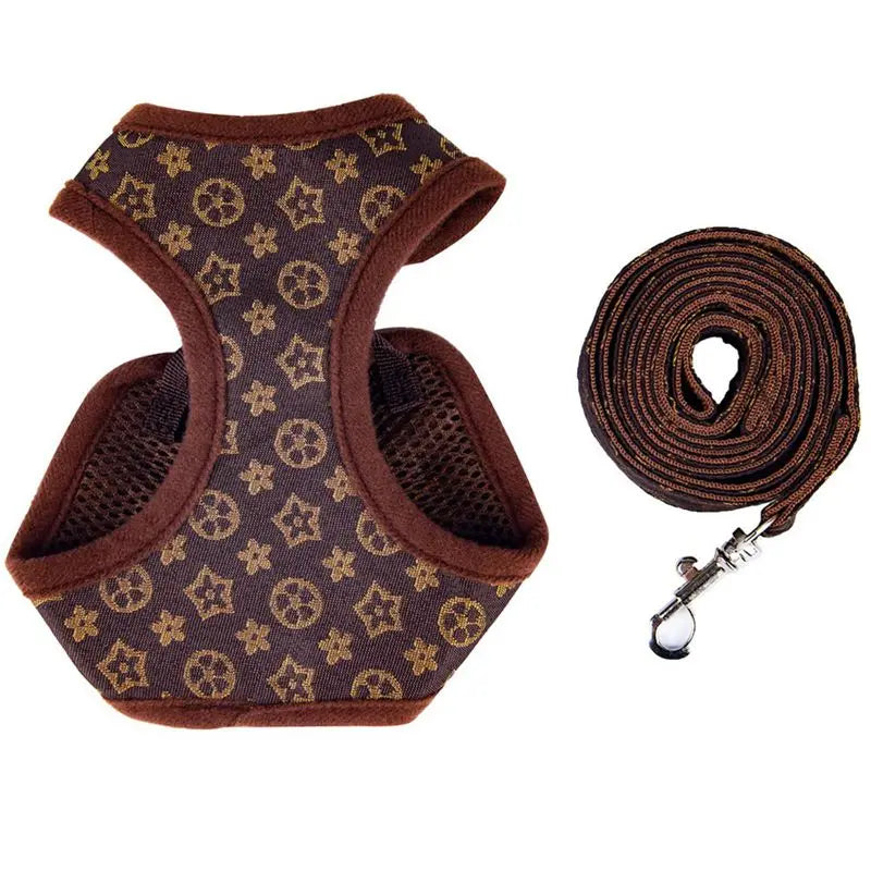 Designer Dog Harness and Leashes Set Classic Pattern Pets Collars Leash Breathable Mesh Pet Harnesses for Small Dogs Poodle Schn