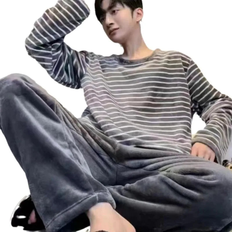 2/pce Set Spring Autumn Winter Man Casuall Pajama Male Simple Striped Thick Plush Pajama Man Long Sleeves Pants Warm Loungewear