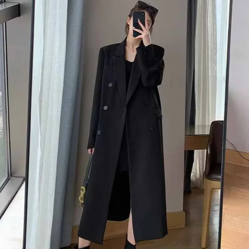 FANAN Elegant Long Trench Coat Women Korean Double Breasted Office Lady Blazer Jacket Fashion Streetwear Long Sleeved Overcoats