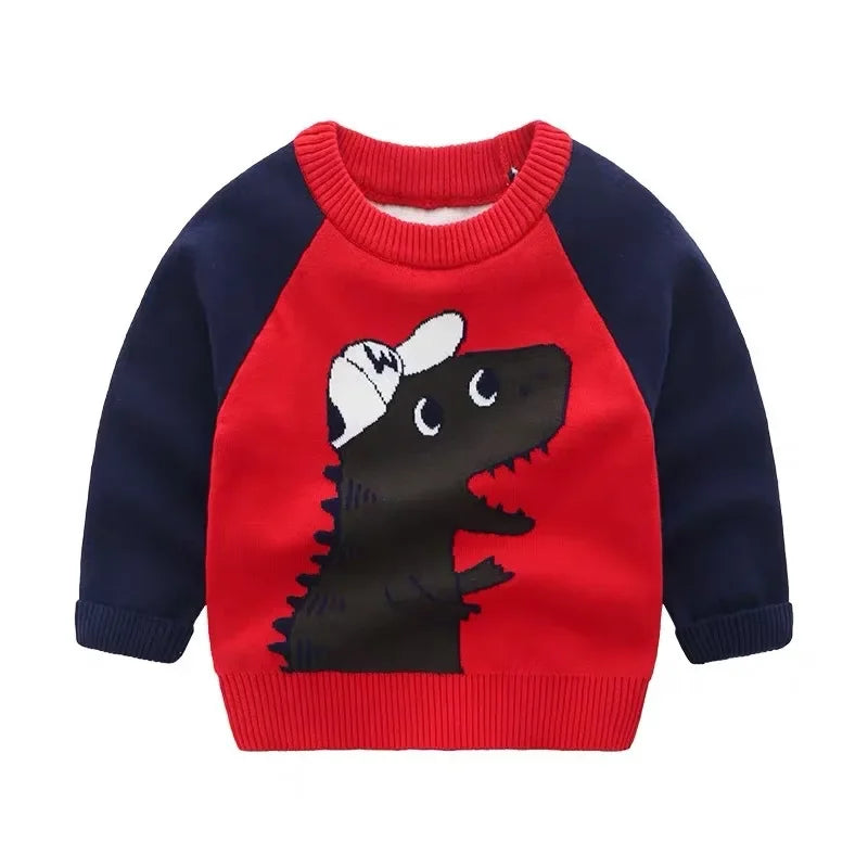 New 2023 Kids Children Pullover Sweater Autumn Winter Boys Cute Cartoon Jacquard O-neck Knitted Jumper Sweaters Tops Clothing