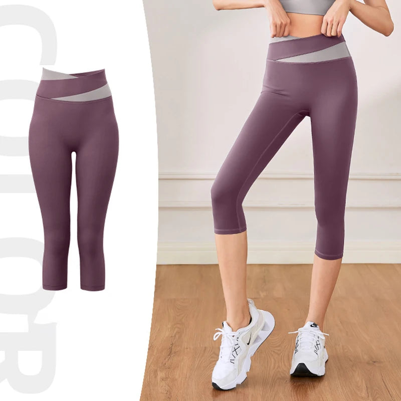 Women Sport Leggings High Waist Cropped Yoga Pants Running Capris Patchwork Color Crossover Gym Workout Tights Slim Sportswear