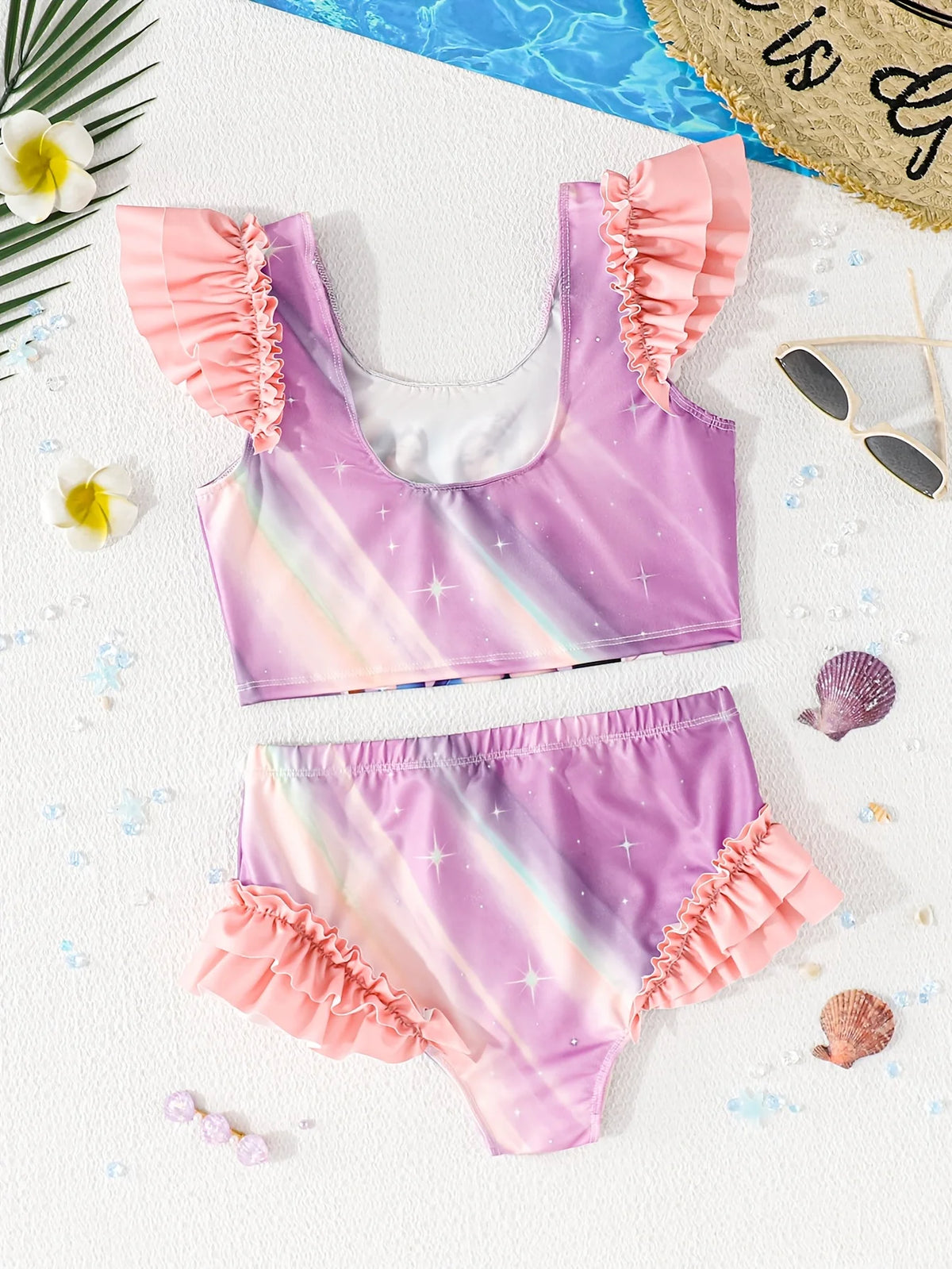 Girls' Summer Casual Swimwear, Children's Cartoon Print Swimsuit Set, Girls' Lace-Trimmed Top + Lace-Trimmed Triangle Swim Shorts Two-Piece Set, Suitable for Girls Aged 4-12, Beach and Pool Clothing