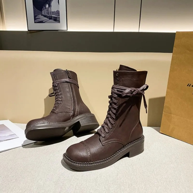 2026 New Women's Shoes Britain Handmade Ankle Boots for Woman Retro Platform Motorcycle Boots Luxury Designer Shoes Botas Mujer