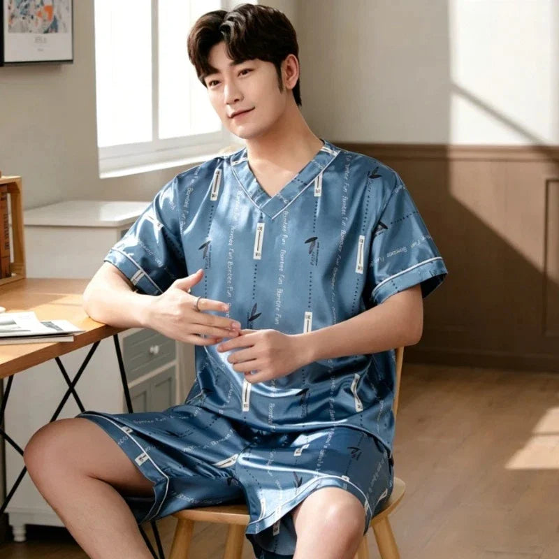 Plus Size Men's Pajamas Set Summer New Fashion Print Men's Sleepwear V-Neck Short Sleeve Shorts Homewear 2026 Casual Cool
