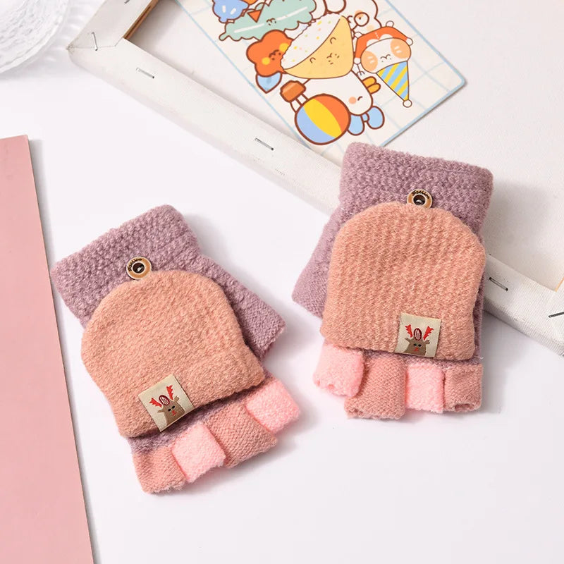 Children's Warm Gloves for Boys and Girls Cartoon Cute Half Finger Knitted Winter Flip Cover Baby Thick Cold Proof Five Fingers