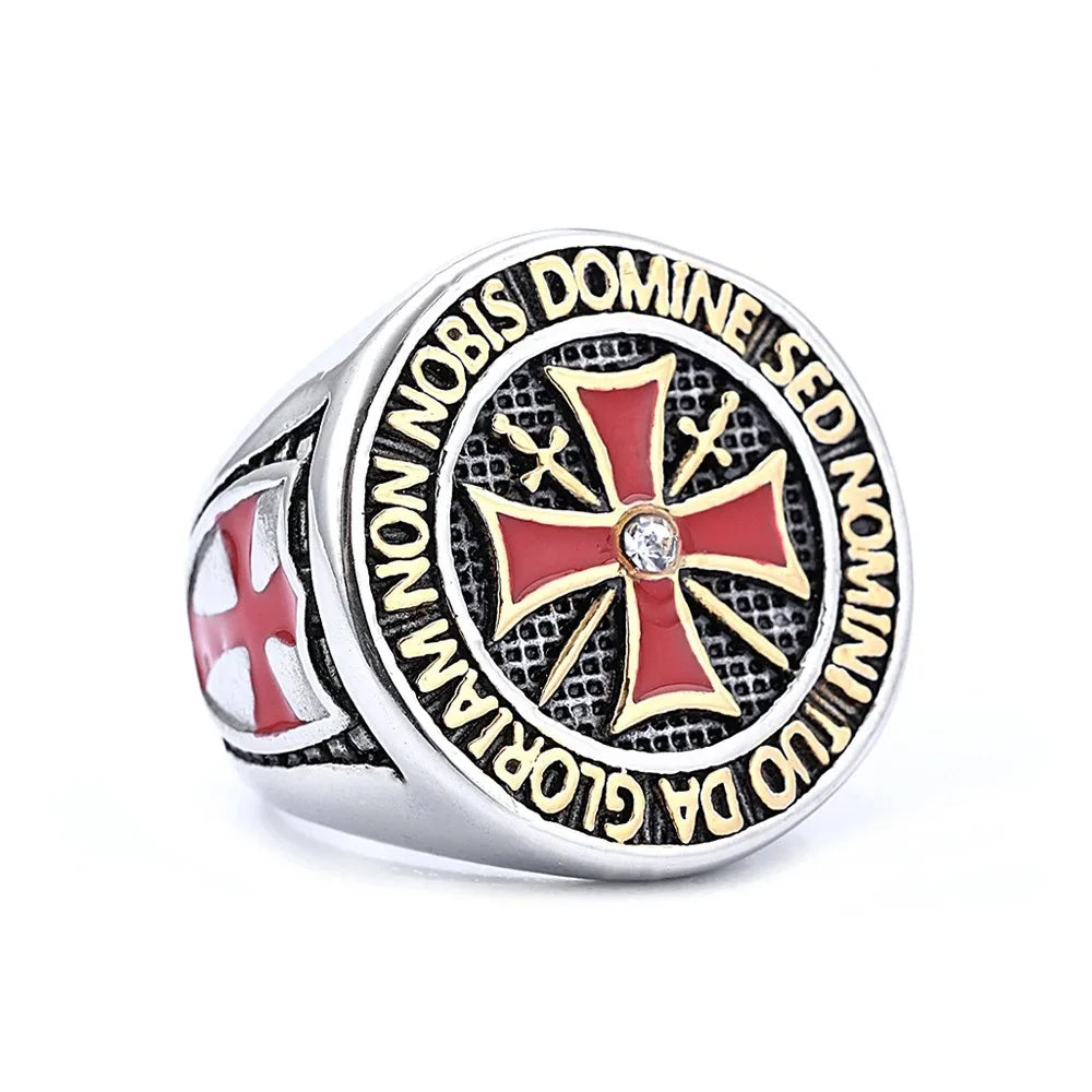 New Simple and Trendy European and American Red Cross Ring for Men, Domineering Templar Masonic Ring, Fashion Party Jewelry Gift