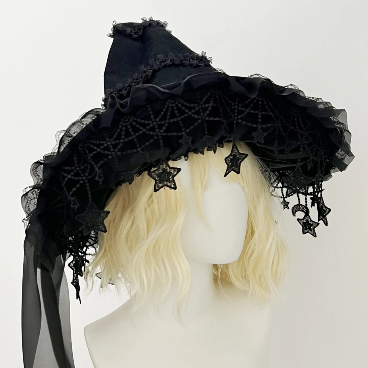Harajuku Halloween Witch Hat  Women’s Girls Gothic Handmade Bowknot Fleece Lace Lolita Ladies Wizard Hat