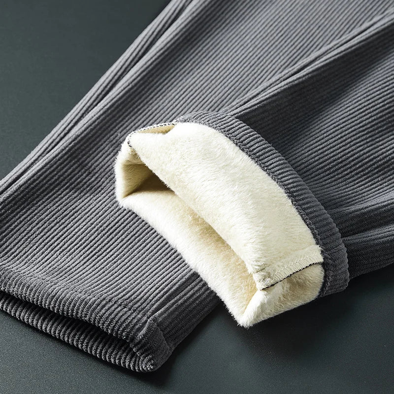 Winter Fleece Warm Corduroy Fabric Men's Casual Pants Outdoors Business Thick Flocking Plush Black Grey Brown Trousers Male