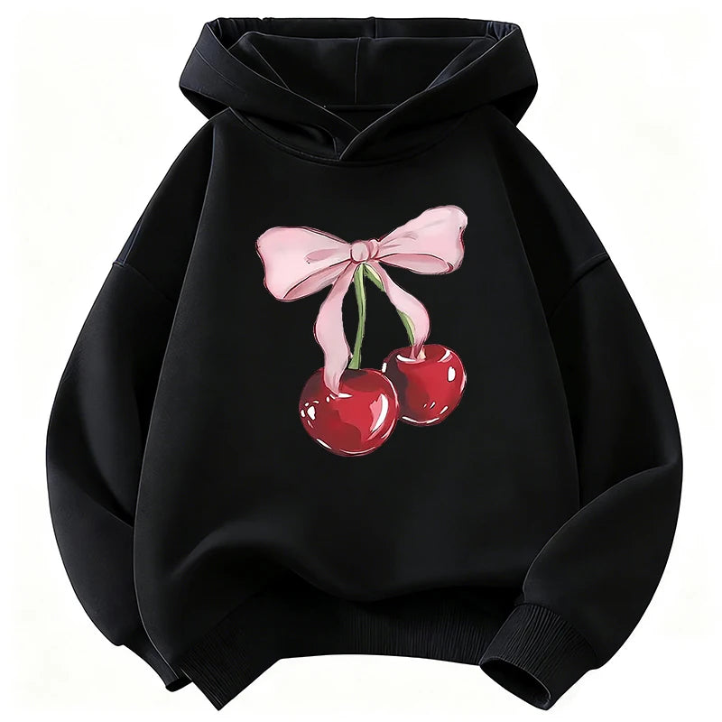 Kids Y2K Cherry Bow Hoodie Cute Print Sweatshirt Boys Girls Spring Autumn Casual Loose Tops