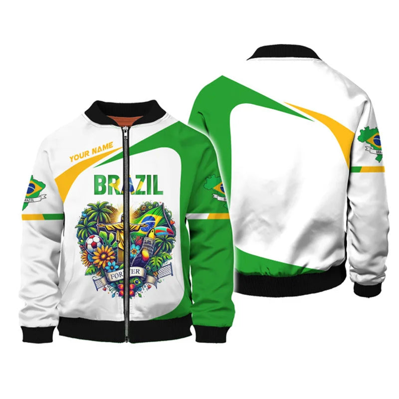 Fashion Brazil National Emblem 3D Print Jacket For Mens Clothing Street Hip-hop Zip Up Coat Loose Chaquetas Hombre Women Jackets
