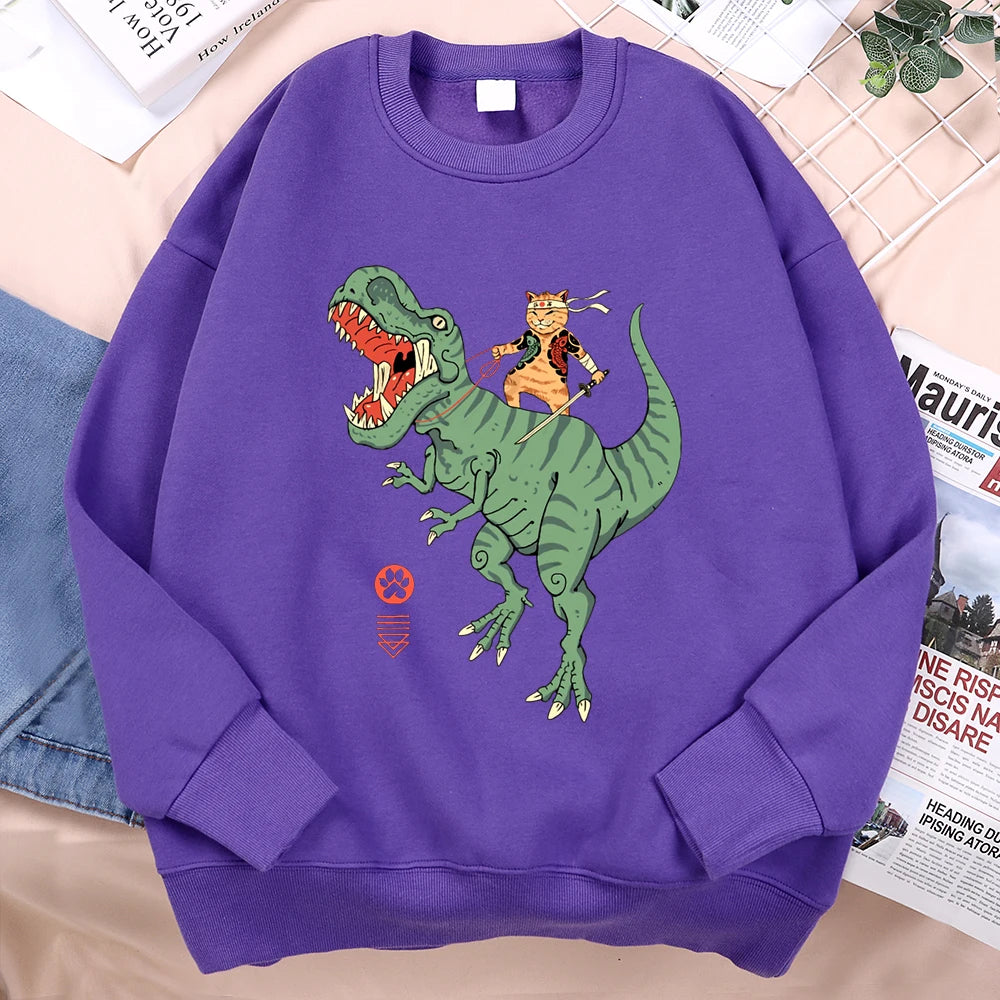 Japanese Harajuku Riding Dinosaur Cat Men Women Hoodie Fashion Fleece Hoodies Autumn Casual Clothing Fleece Oversized Streetwear