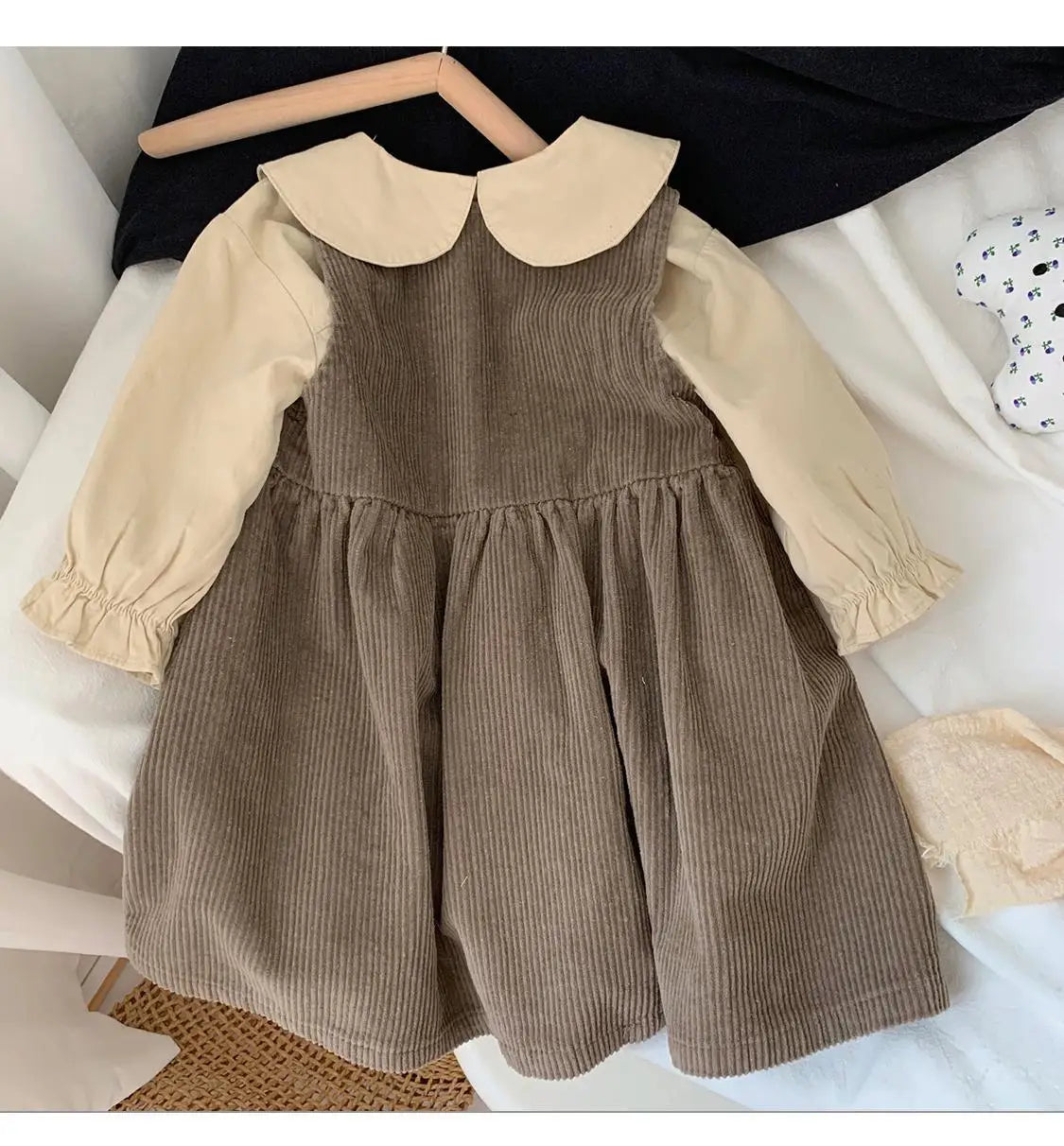 Baby Girls Sleeveless Dress Spring and Autumn New Baby Corduroy Dress Children's Lapel Loose Dress+T-shirt Set Kids Clothing Set