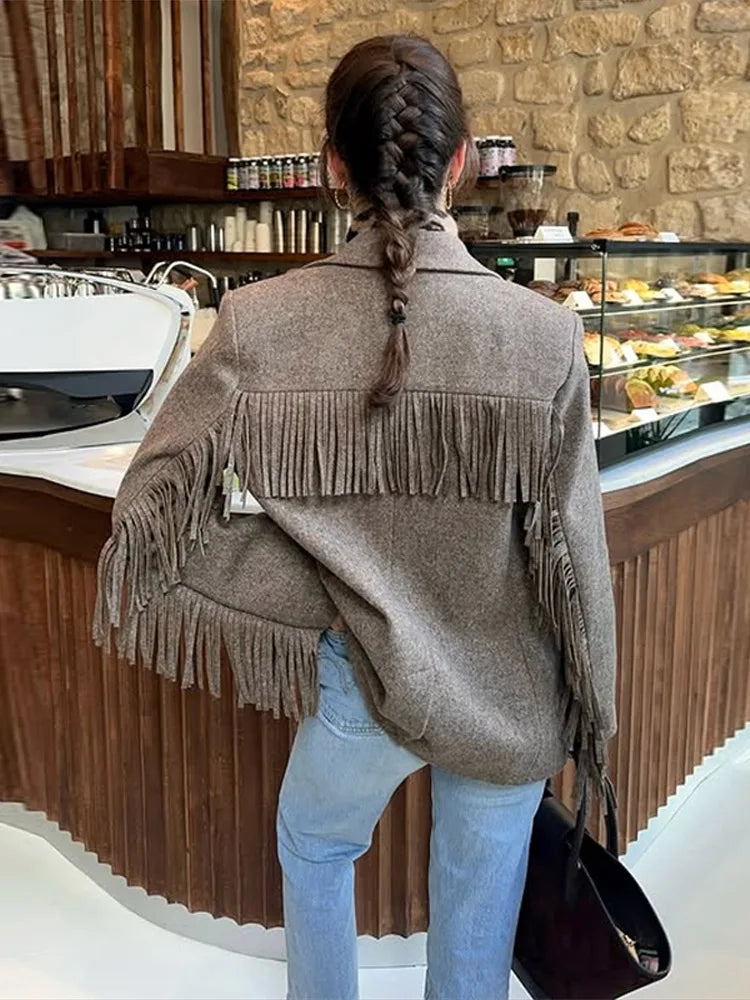 Chic Women's Blazer Turn down Collar Full Sleeve Tassel Solid Female Blazers 2025 Autumn Elegant Fashion High Street Lady Coat