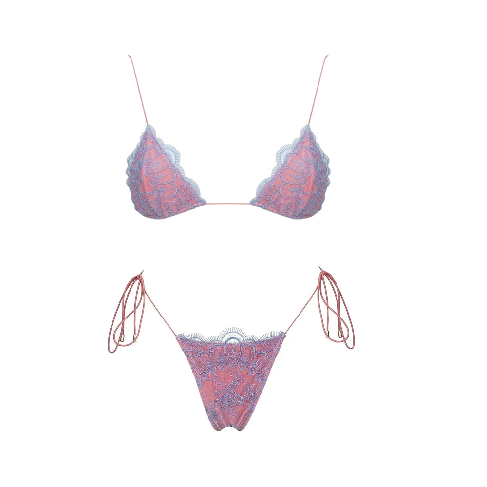 Mesh Bikini with Pants Swimsuit Brazilan Bikini Set Swimwear for Women Lace Halter Shirring 3 Pcs Bathing Suits Summer Female