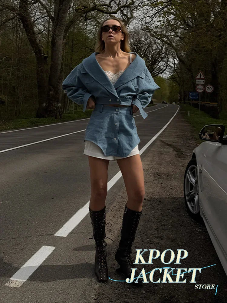 Women Fashion Ruffle Patchwork Coat Shorts Suit Long Sleeve Lapel Crop Tops Lady Set 2026 Summer Autumn New High Street Wear