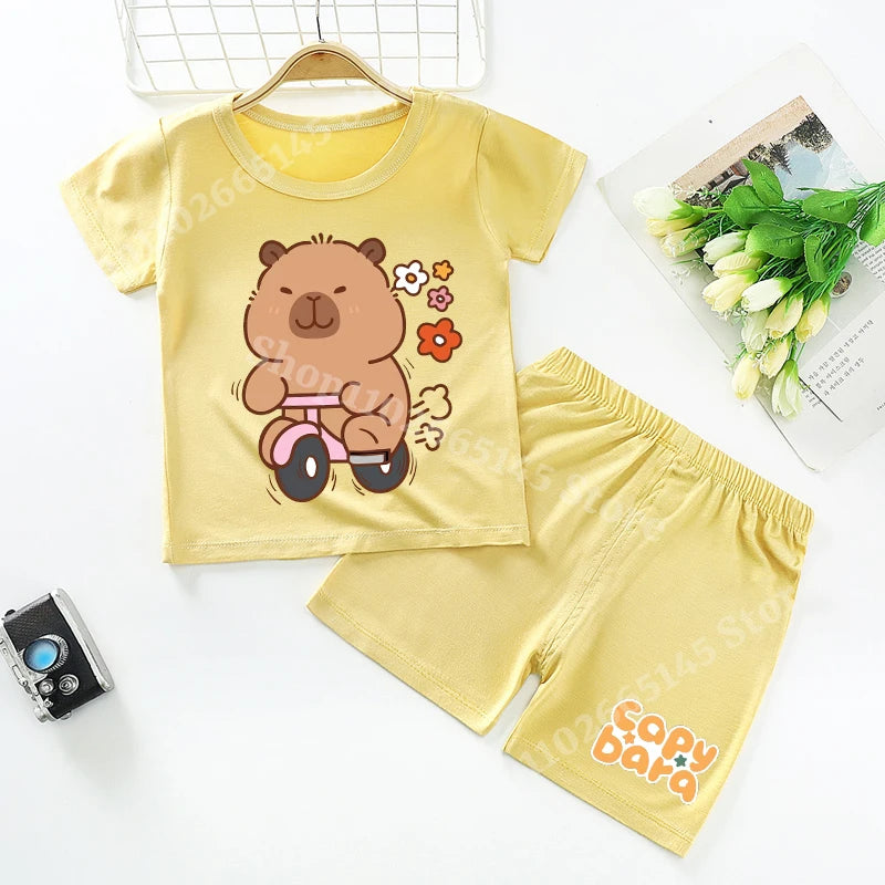 Capybara Kids Pajamas Shorts Set Summer New Capibara Home Clothes Boys Girls Anime Nightwear Pants Children Short Sleeve Gift
