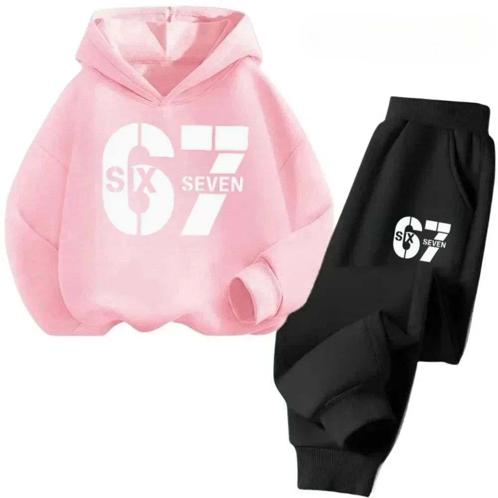 67 Chic Children's Hoodies Set 4-13Y Korean Streetwear Block Tracksuit Fashion Comfortable Kids Sweatshirt 2 Pcs Sets Pant Suit