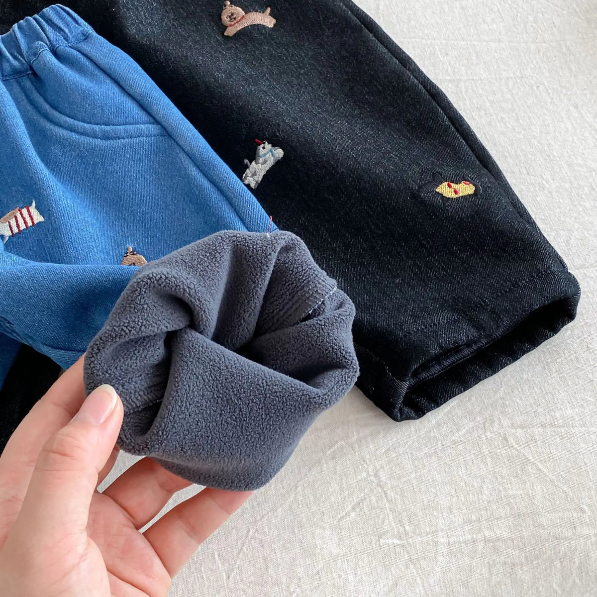 Winter Kids Pants Fur Lining Boys Jeans Embroidery Girls Denim Pants Thicken Girls Trousers