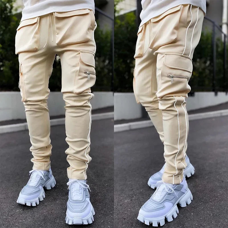 Summer Men's Jogging Sports Pants Multi-Pocket Sweatpants Running Trousers Men's Casual Joggers Cargo Reflective Hip Pop Pants