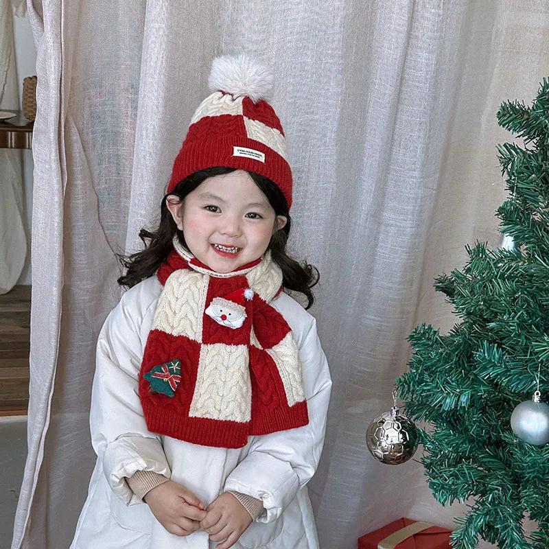 Kids' Christmas Knitted Wool 2in1 Scarf & Beanie Set - Winter Warm, Festive Decor, Unisex