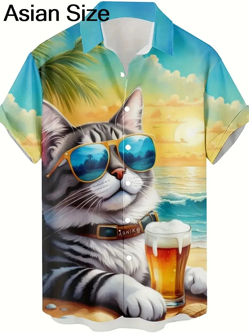 Men's Fashion 3D Printed 2025 Casual Hawaiian Shirts Funny Monkey Giraffe Cat Graphic Blouses Short Sleeve Button Shirt Tops