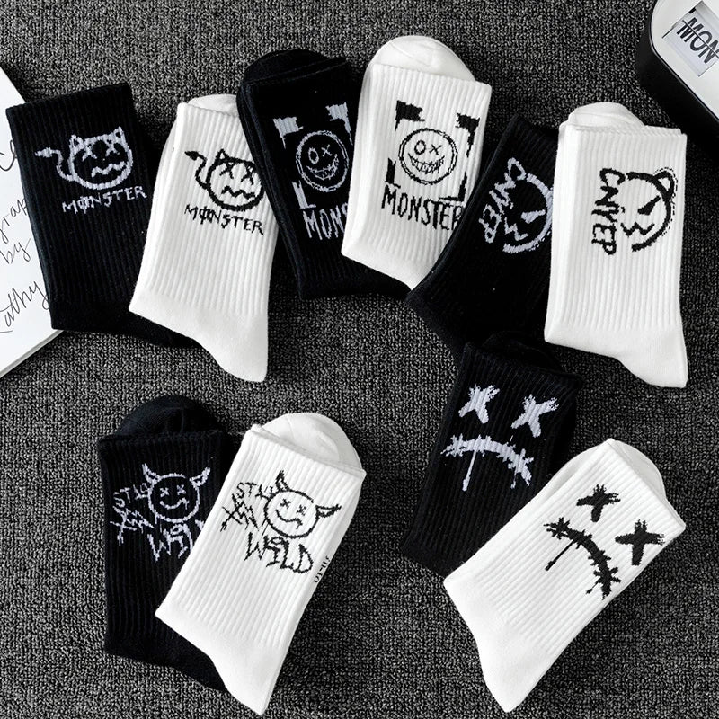 10 Pairs of Men Mid-Length Socks with Graffiti Funny Faces Unique Street Trends Moisture Wicking and Sweat Wicking