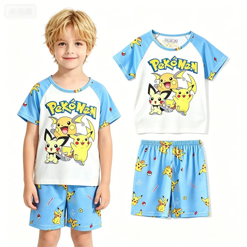Animal Cartoon Boys Summer Pikachu Pajamas Sets Kids Summer Tops + Shorts Cartoon Sleepwear Pyjamas Toddler Kids Clothes Suits