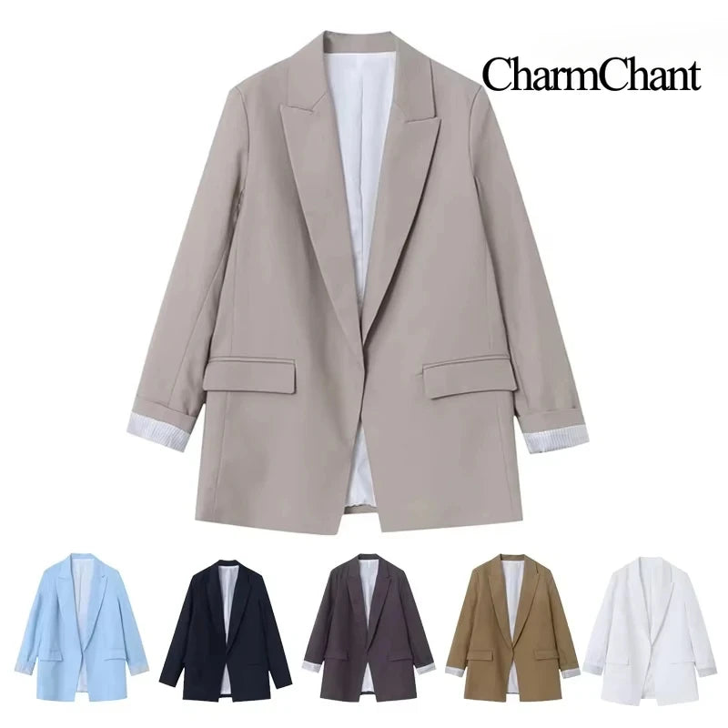 Charmchant Women's  Minimalist Oversized Linen Blazer High Quality Long Sleeve Outerwear Jackets Casual Office Wear Spring 2026