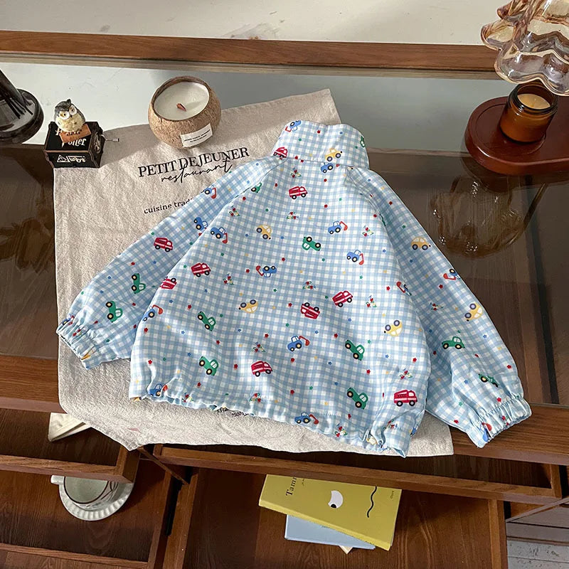 Toddler Boys Jacket Autumn Fashion Versatile Cartoon Printed Plaid Baby Boys Coats Round Neck Long Sleeves Kids Baby Boys Tops