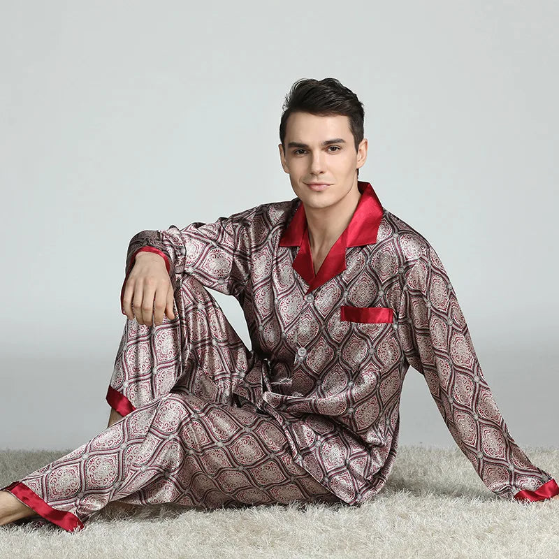 Pajamas Set Men's Home Clothes Long Sleeve Shirt&pants Male Satin Print Nightwear Casual Trousers Suit Spring Summer Loungewear