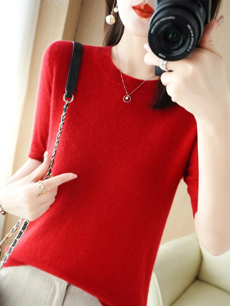 Short Sleeves Women's Sweater O-neck Bottoming Shirts Solid Spring Summer Korean Fashion Sweater Knit Top Casual Basic Pullovers