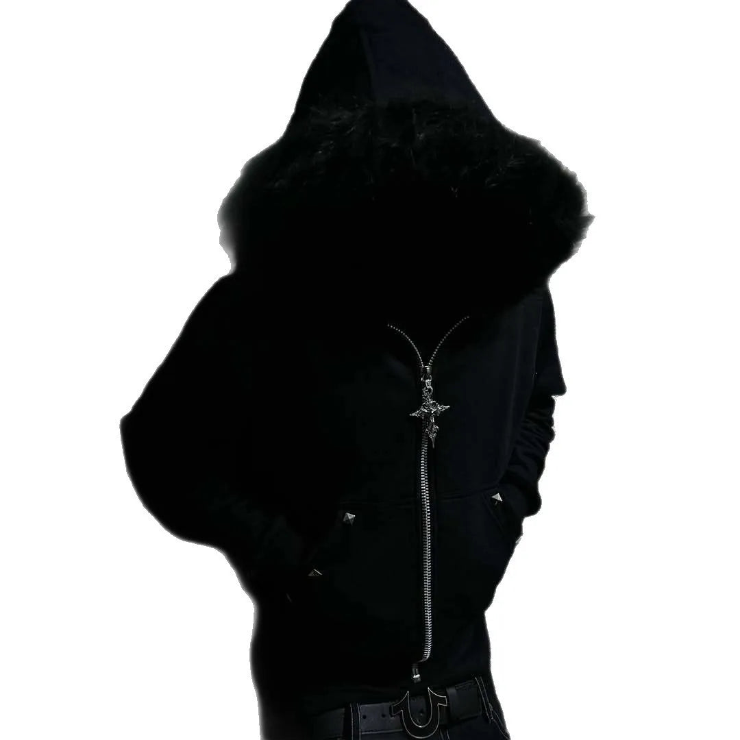 European Fluff Hat Sweater Pattern Long-Sleeved Hoodie Retro Coat Street Trend Dark Style Warm Coat for Women Y2K style