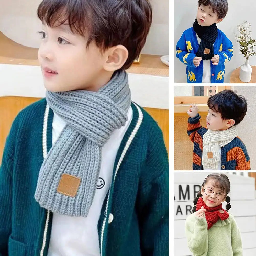 Kids Knitted Warm Scarf Thick Cold Resistant Solid Color Soft Short Style Lovely Scarf Christmas Gift Green Scarf Accessories