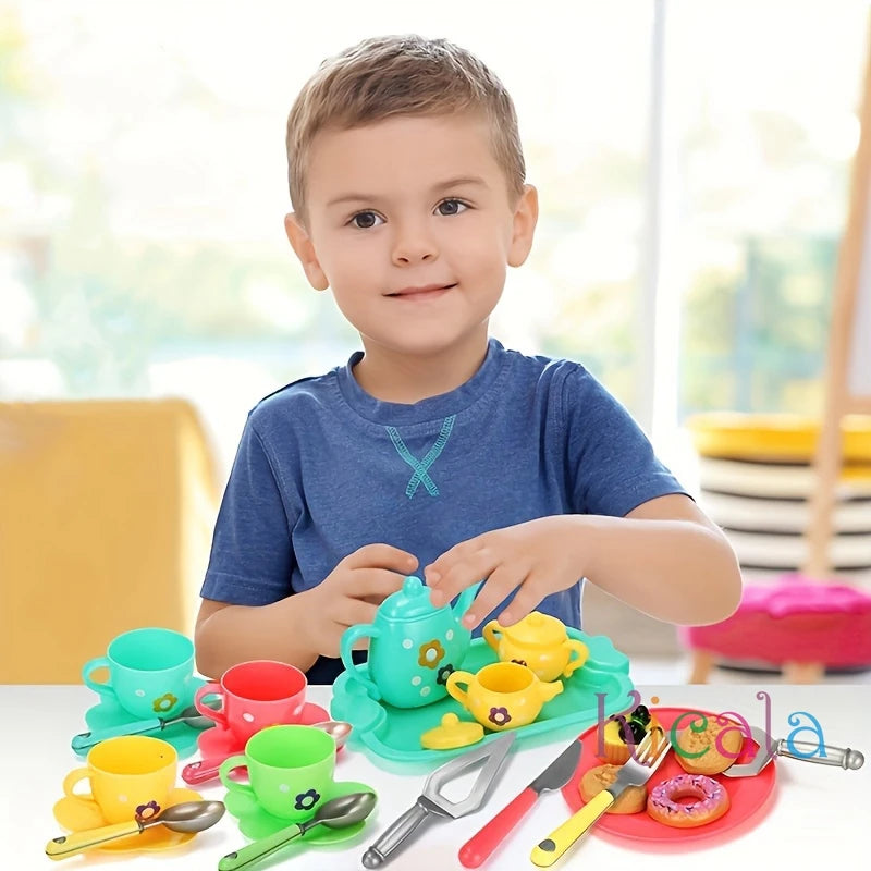 Kids Simulation Tea Set Kitchen Toys Tinplate Afternoon Tea Toys Teapot Teacup Food Pretend Play Toys For Boy girl Birthday Gift