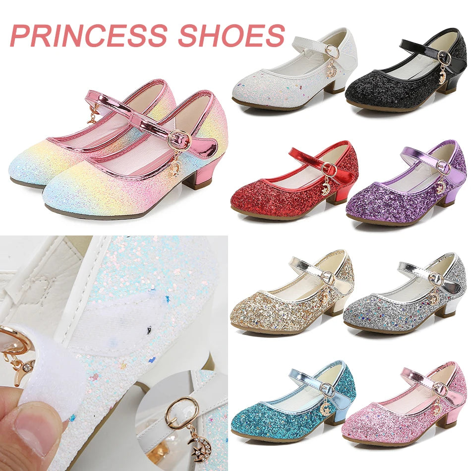 Girls Fashion Sequin High Heels for Kids Princess Shoe Children Party Wedding Dance Shoe Student Performance Solid Color Shoes