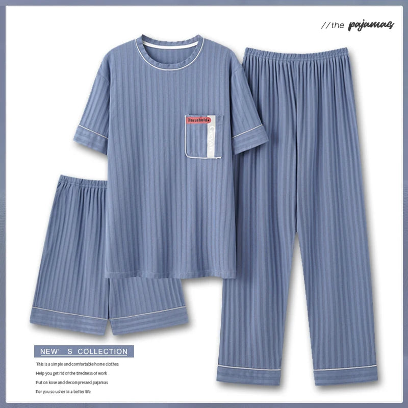 Men's Fashion Summer 3-Piece Pajamas Set Short Sleeve round Collar Cotton Homewear plus Size 5XL Shorts Loungewear Pijamas