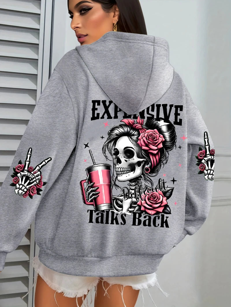 Expensive Talks Back Funny Printing Womens Plus Size Hoodie Multicolor Pullovers Fleece Autumn Sportswear Casual Pocket Hoody